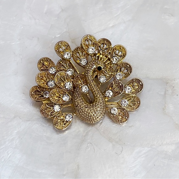 Vintage Gold Tone CZ Peacock Brooch - Picture 6 of 11